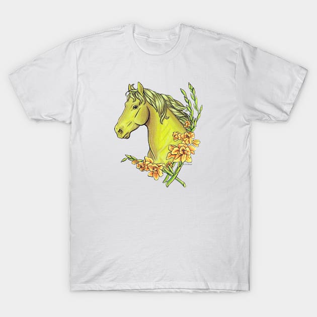 Peridot Horse with Gladiolus Flowers T-Shirt by lizstaley